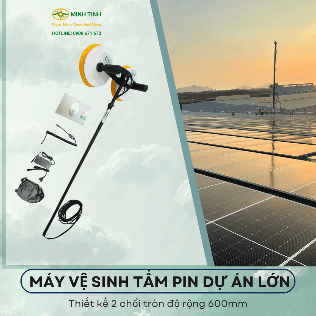 Máy rửa tấm pin mặt trời chổi tròn và chổi trục khác nhau thế nào? Nên chọn máy nào để vệ sinh hệ thống pin của bạn? Máy vệ sinh tấm pin dự án lớn 2 chổi tròn